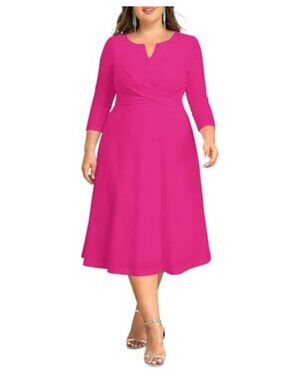Plus Size Semi Formal Midi Dress 3/4 Sleeve A-Line V-Neck Wedding Guest